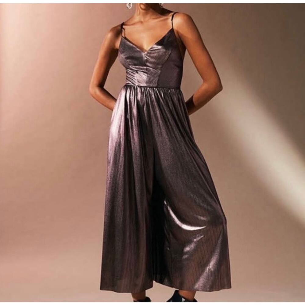 Urban Outfitters Wide-Leg Metallic Jumpsuit | Burgundy | Small